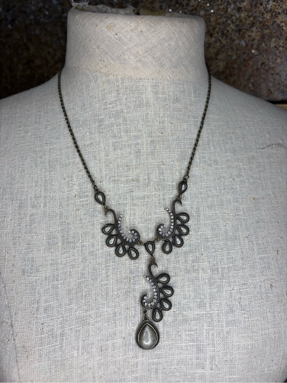 Cookie Lee Antique Bronze Teardrop Crystal Y Necklace Art Deco Boho Statement